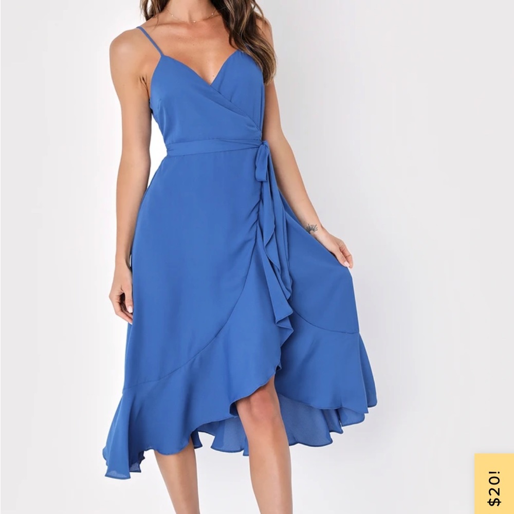 Lulu // Manhattan Moment Blue Ruffled Midi Wrap Dress